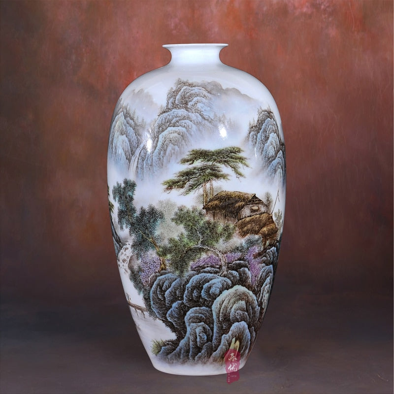 Jingdezhen ceramics Li Dongming pastel landscape township people living room decoration of Home Furnishing fashion vase